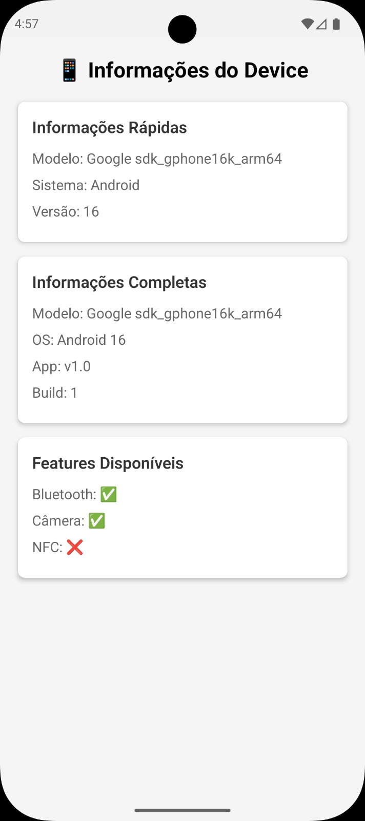 Tela de exemplo consumindo o Turbo Module CustomDeviceInfo no emulador Android